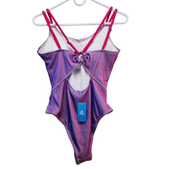 Womens Pink Purple Striped One-Piece Swimsuit Double Straps  Back Cutout Size L - Picture 4 of 5